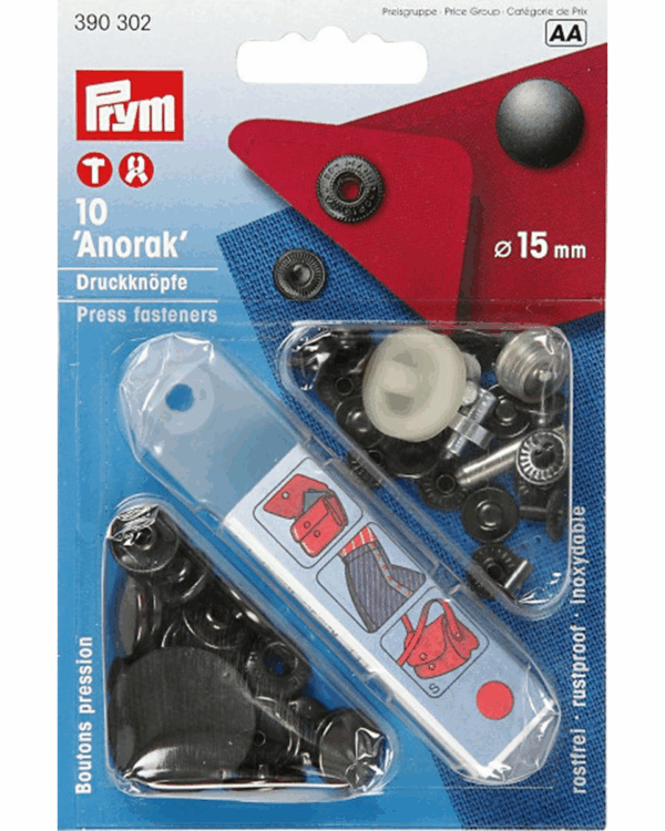 Prym 15mm Black Anorak Press Fasteners