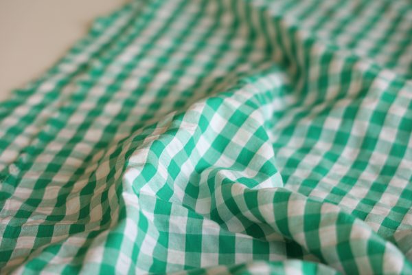 Green and White Gingham Cotton Seersucker