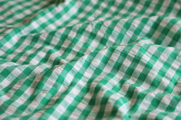 Green and White Gingham Cotton Seersucker