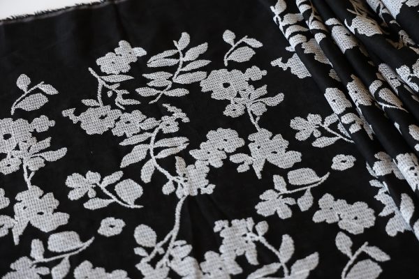 Black Floral Cross Stitch Embroidered Viscose Linen