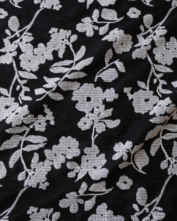 Black Floral Cross Stitch Embroidered Viscose Linen